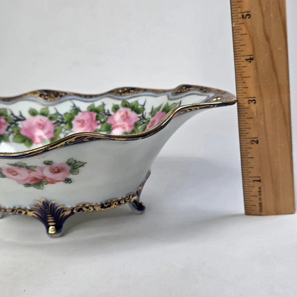 Antique Nippon IE&C Co Hand Painted 4-Footed Porcelain Bowl Cobalt Pink Roses 9
